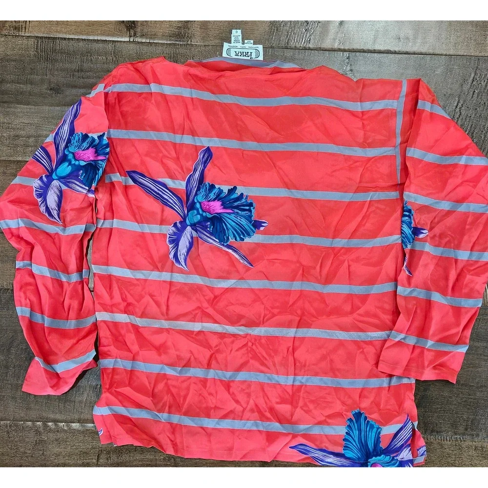 RARE VTG Irka 100% Silk 2 Piece Skirt‎ Set Coral Pink Blue Orchid Floral Stripe
